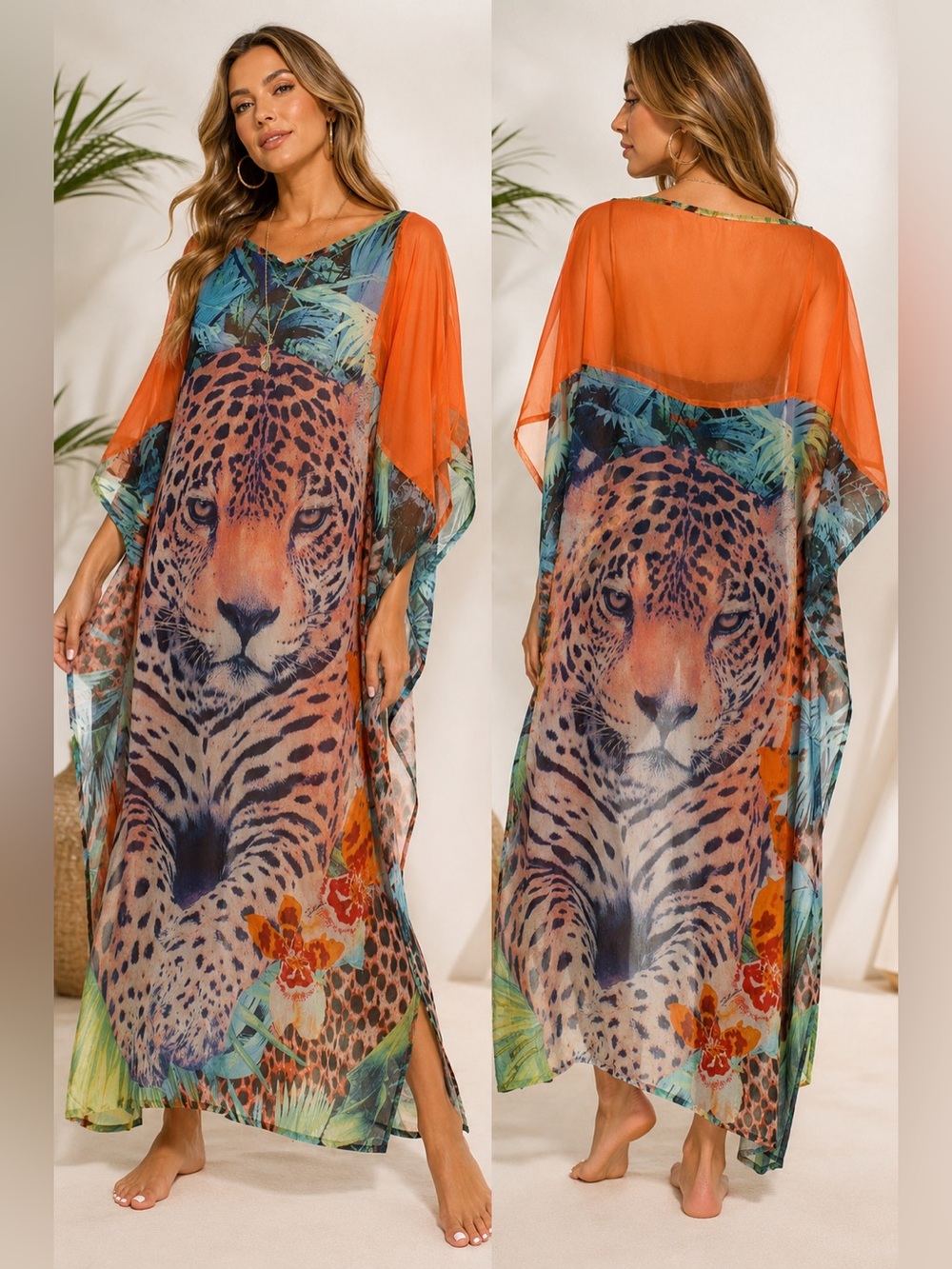 Just Cavalli Sheer Orange Leopard Print Kaftan Cover-Up